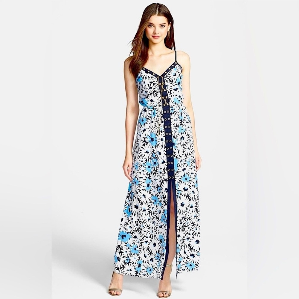 MICHAEL KORS White and Blue Daisy print long dress with chain accent, XS